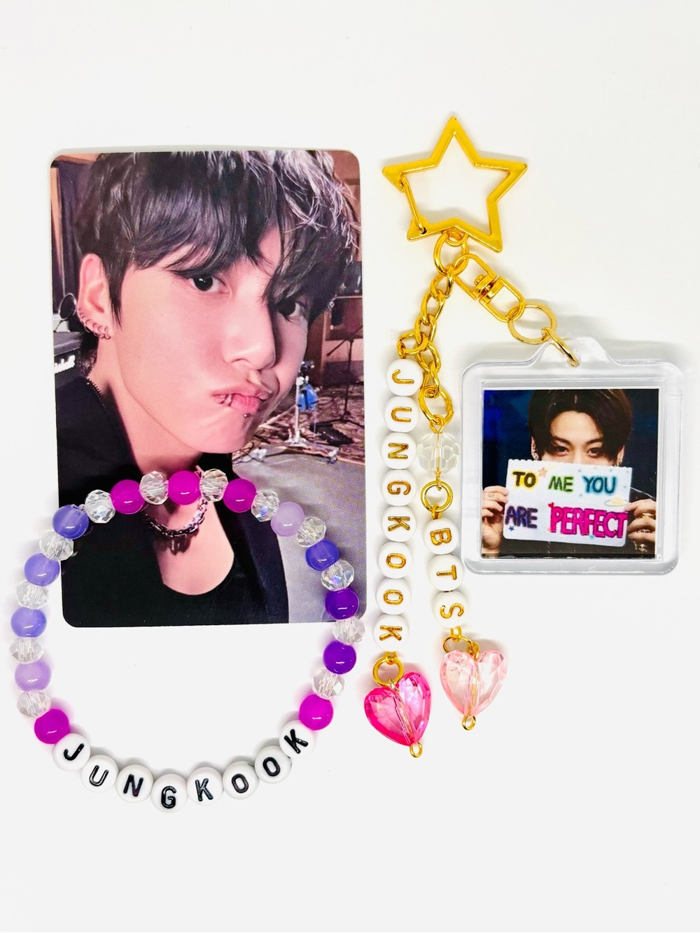 (3pcs) BTS JUNGKOOK BIAS PHOTO KEYCHAIN BRACELET PHOTOCARD BUNDLE